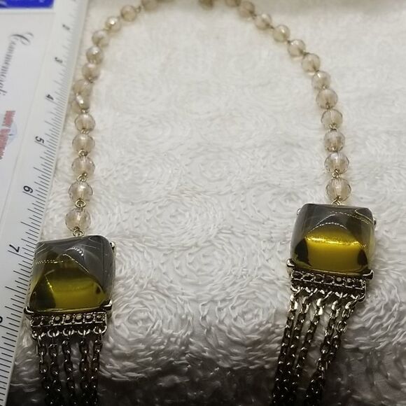 Ann Taylor Necklace Square Lucite Crystal Green Five Multiple Chains Gold - Picture 7 of 10